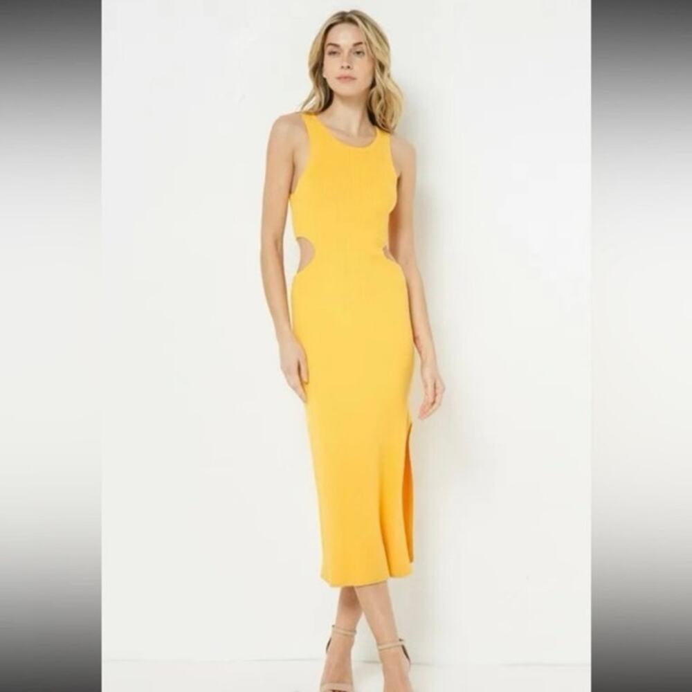 FORE Yellow Marigold Ribbed Midi Bodycon Dress Cutouts vacation Summer Medium
